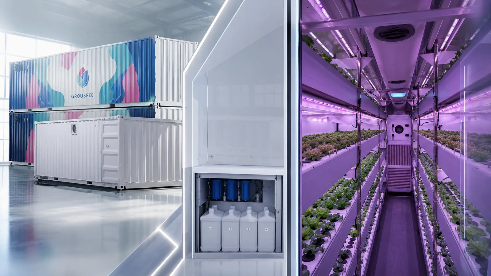BioCube Container controlled environment farm with nutrient system and indoor growing racks