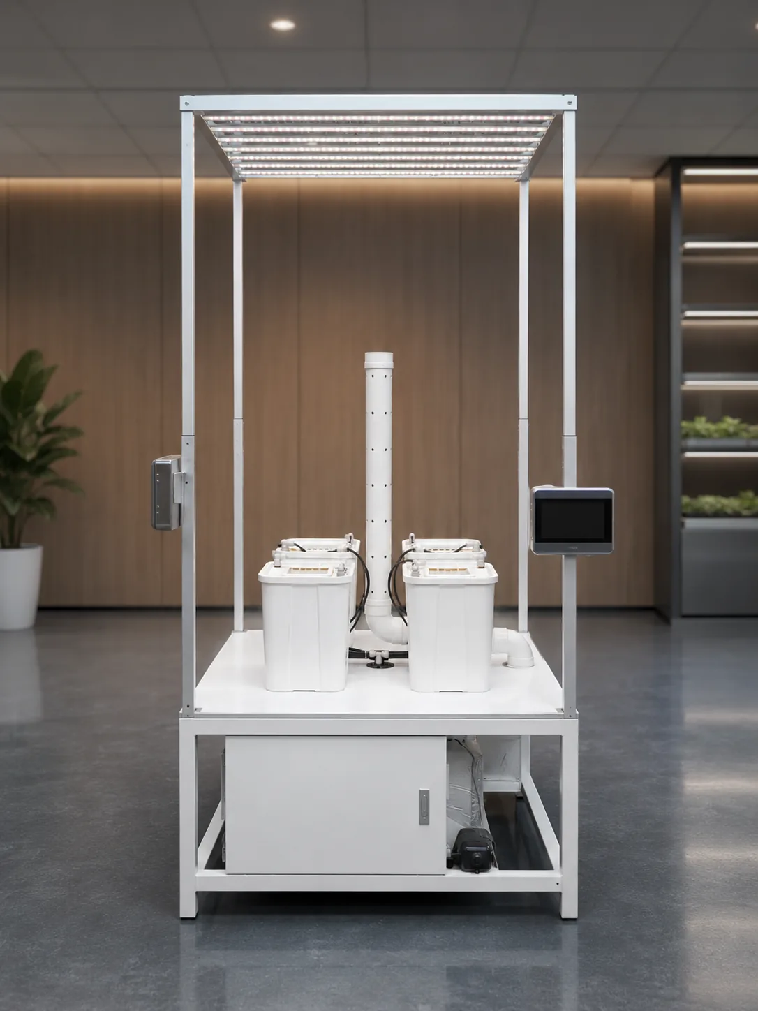 Pegma Omni smart vertical growing system with LED top lighting planting buckets and touchscreen control